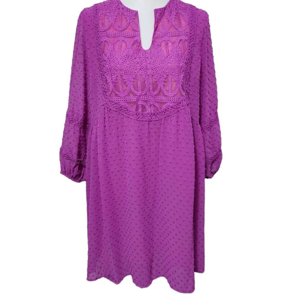 Magenta swiss dot crochet trim chiffon babydoll dress size medium
